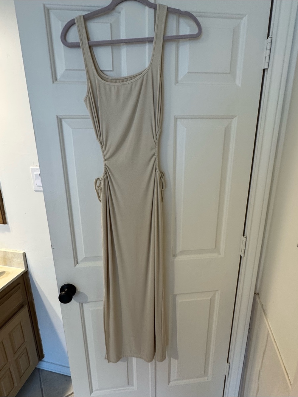 Neutral Ruched Side Maxi Dress - Beige